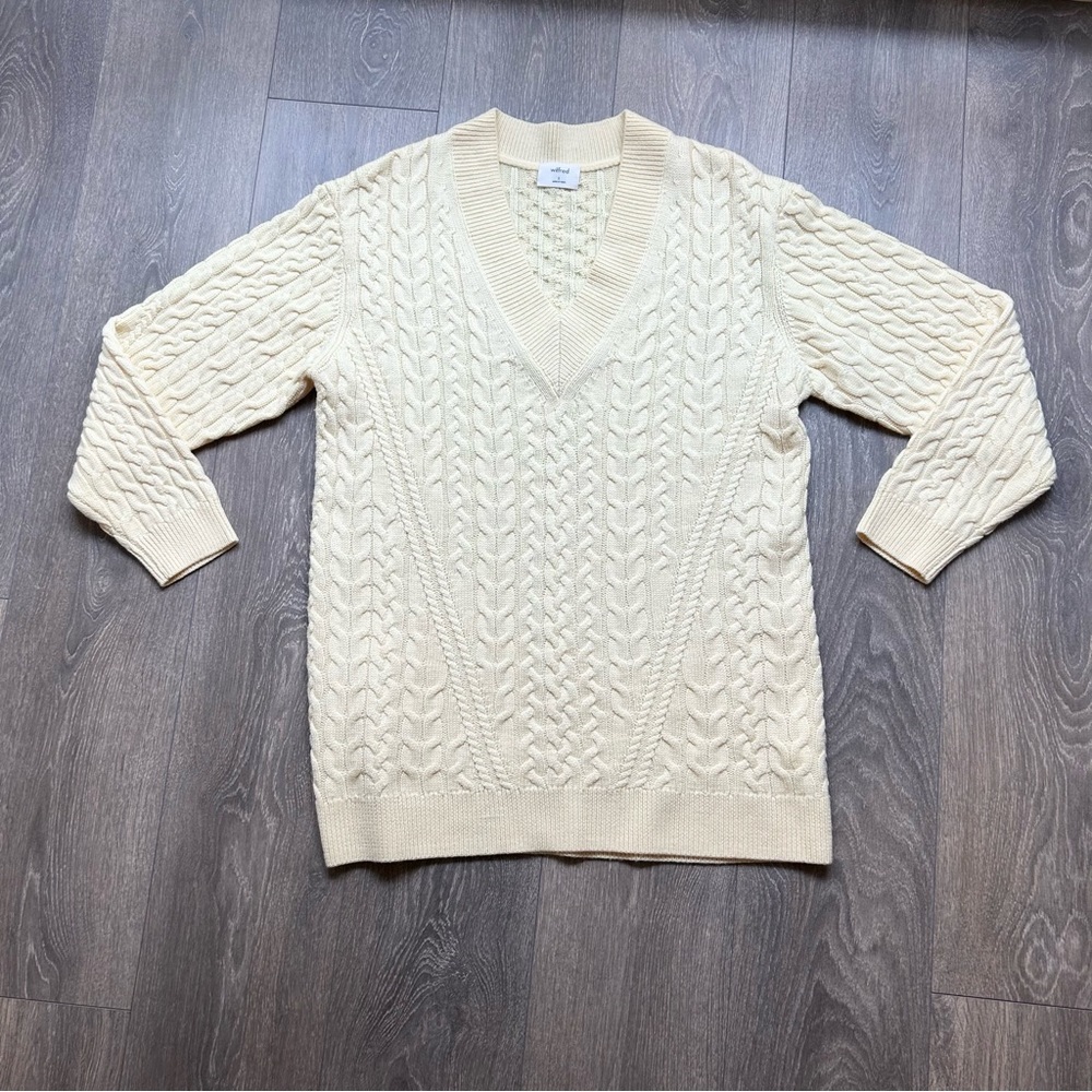 Aritzia Wilfred Devry Sweater Ribbed Cable Knit Chunky Merino Wool Yellow - Picture 4 of 11